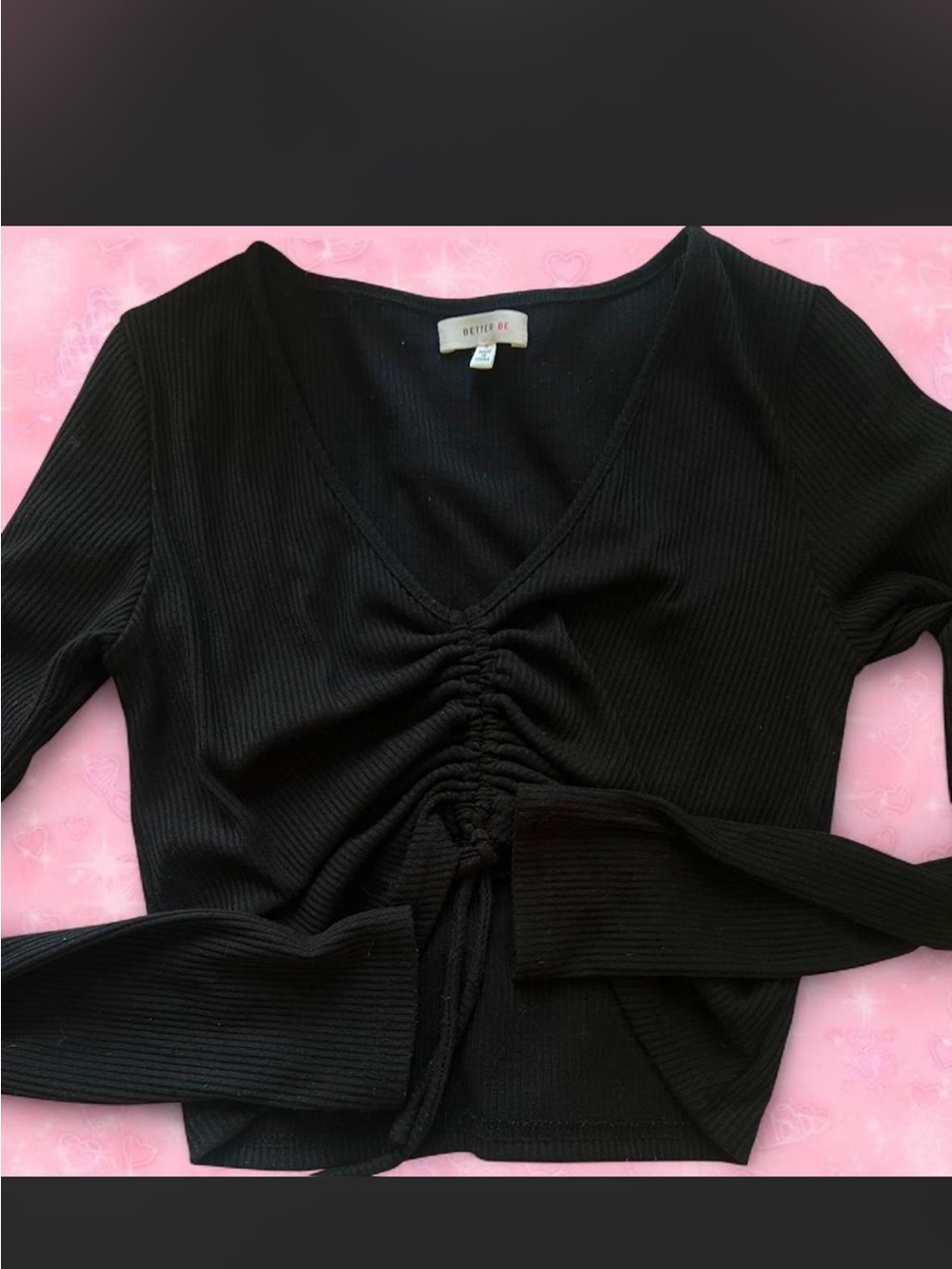 Black Ruched V-Neck Long Sleeve Top - M